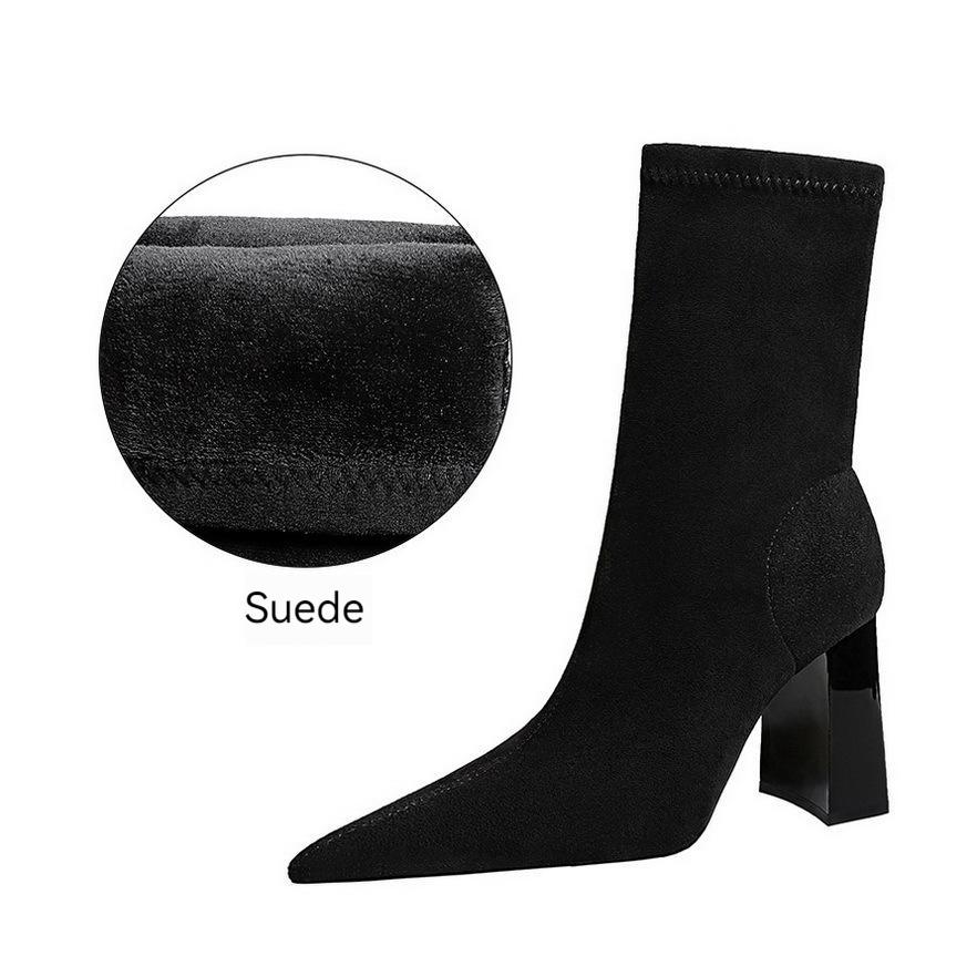 Сексуальные замшевые короткие сапоги на очень высоком толстом каблуке в европейском и американском стиле с острым носком, женские сапоги 34 теплый черный