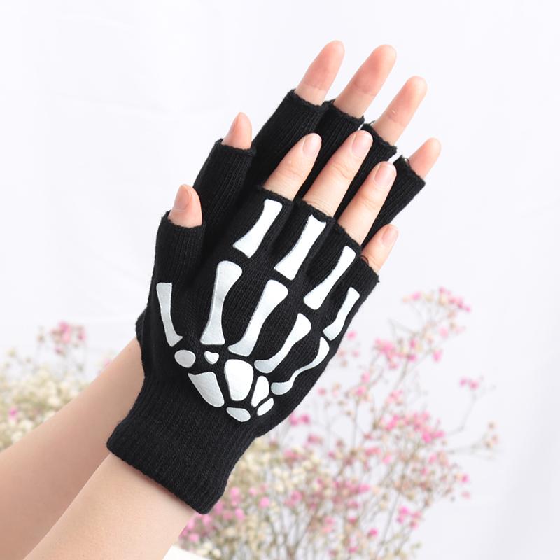 Adult Halloween Skeleton Skull Half Finger Glow In The Dark Luminous Punk Gloves Women Winter Fingerless Knitted Black Mittens