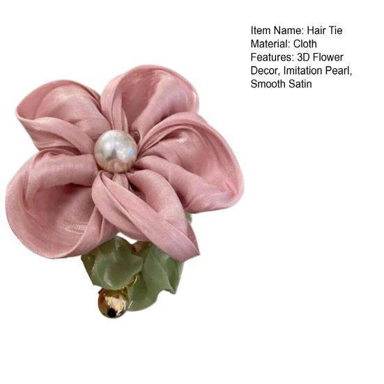 Hair Tie Handmade Satin Flower Decor Hair Tie with Imitation Pearls Large Elastic Soft Hair Band Autumn Winter Hair Accessories