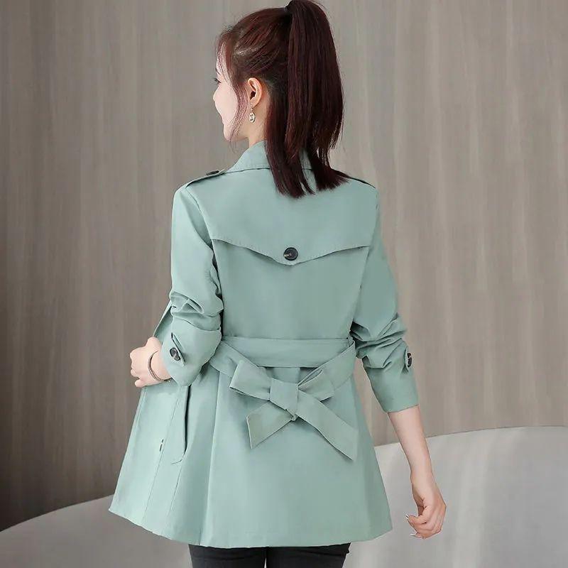 Women's Jacket Spring Long Sleeves Stand Collar Casual Windbreaker Female Double-breasted with Belt Outerwear