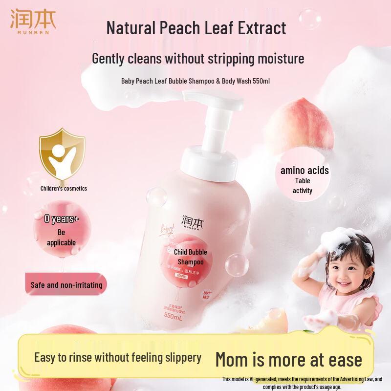 RUNBEN Baby 2-in-1 Bubble Shampoo & Body Wash with Peach Leaf Essence