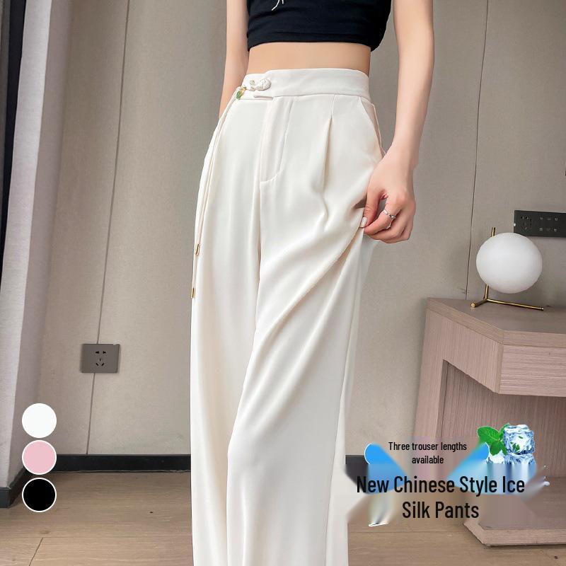 Summer 2026 Chinese Style High Waist Wide Leg Ice Silk Pants for Women