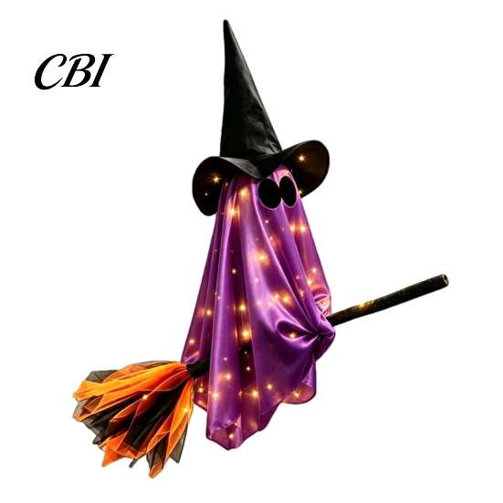 Waterproof Haunted House Supplies Halloween Flying Ghost with Witch Broom, Large Lighted Hanging Decoration Outdoor Yard Party Decor Hat for