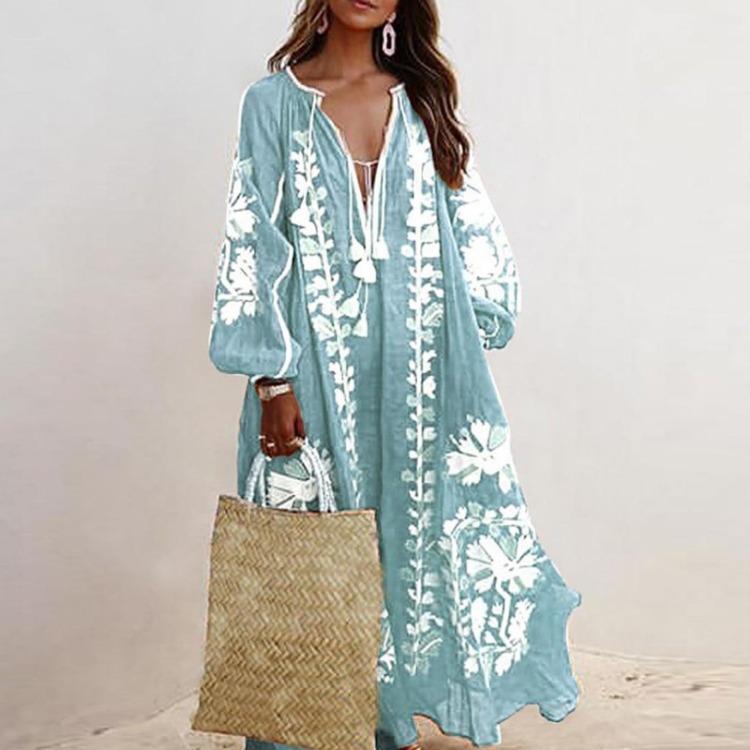 Bohemian Style Long Sleeve V Neck Dress Women Fashion Casual Long Dresses