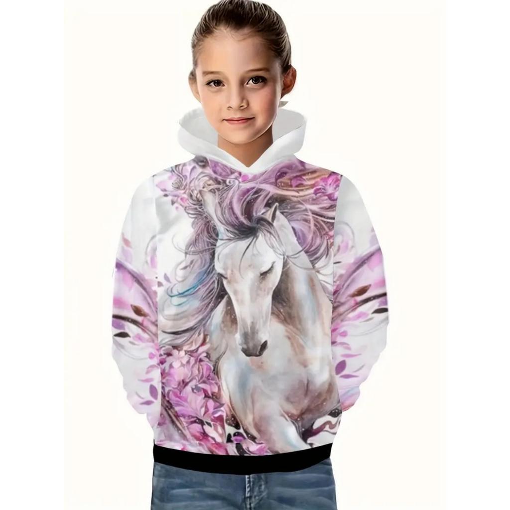 Cool Horse Girl Clothes Animals 3D Print Autumn Long Sleeve Hoodies Loose Lightweight Sweatshirt Comfortable Children's Clothing