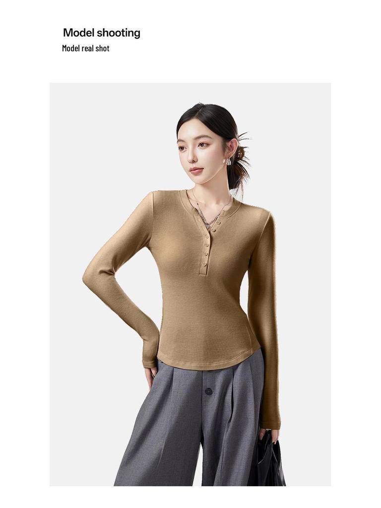 10A Antibacterial German Velvet Women's V-Neck Slim Fit Long Sleeve Warm Base Shirt