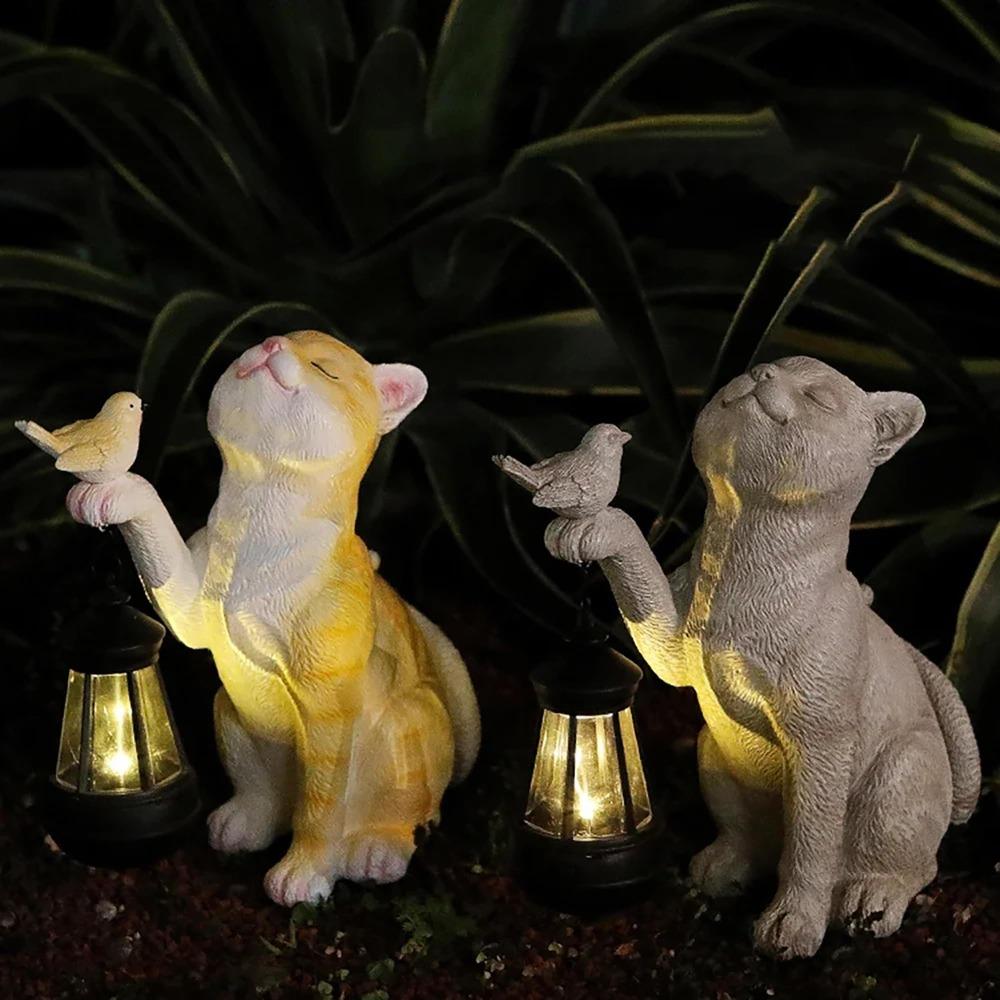 Resin Resin Cat Figurines Cute Solar Animal Lamp Garden Yard Figurines Decor