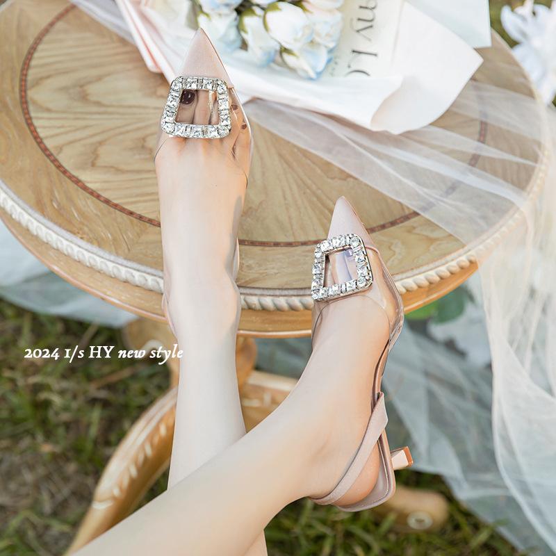 Rhinestone square buckle high heels fairy wind transparent bag head sandals female thin heel pointed head empty spring and summer