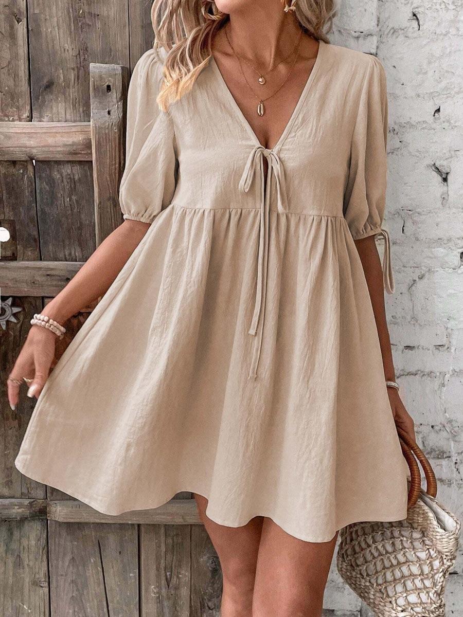 

Elegant Loose Woven Deep V-Neck Design Chest Lace-up A Pendulum Dress S хаки