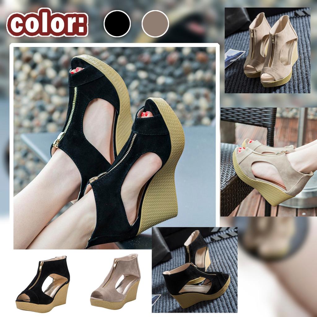 Damenschuhe mit Keilabsatz, Vintage-Stil, High Heels, offene Zehenpartie, Reißverschlüsse, Sandalen