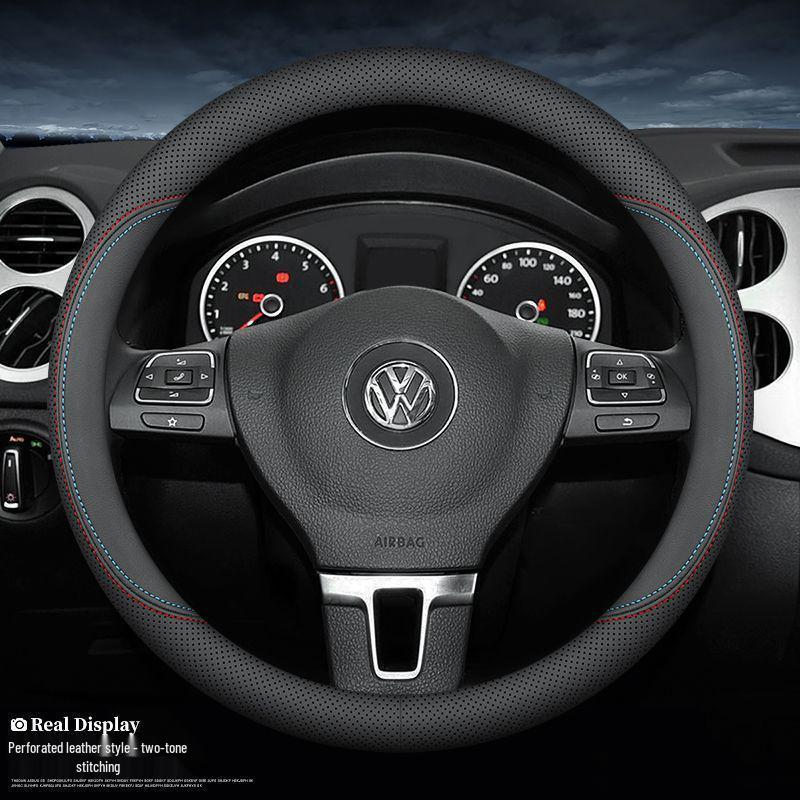 Volkswagen Genuine Leather Steering Wheel Cover for Lavida, Bora, Sagitar, Magotan, Santana, Lamando, Tiguan L, Tayron - All Seasons.