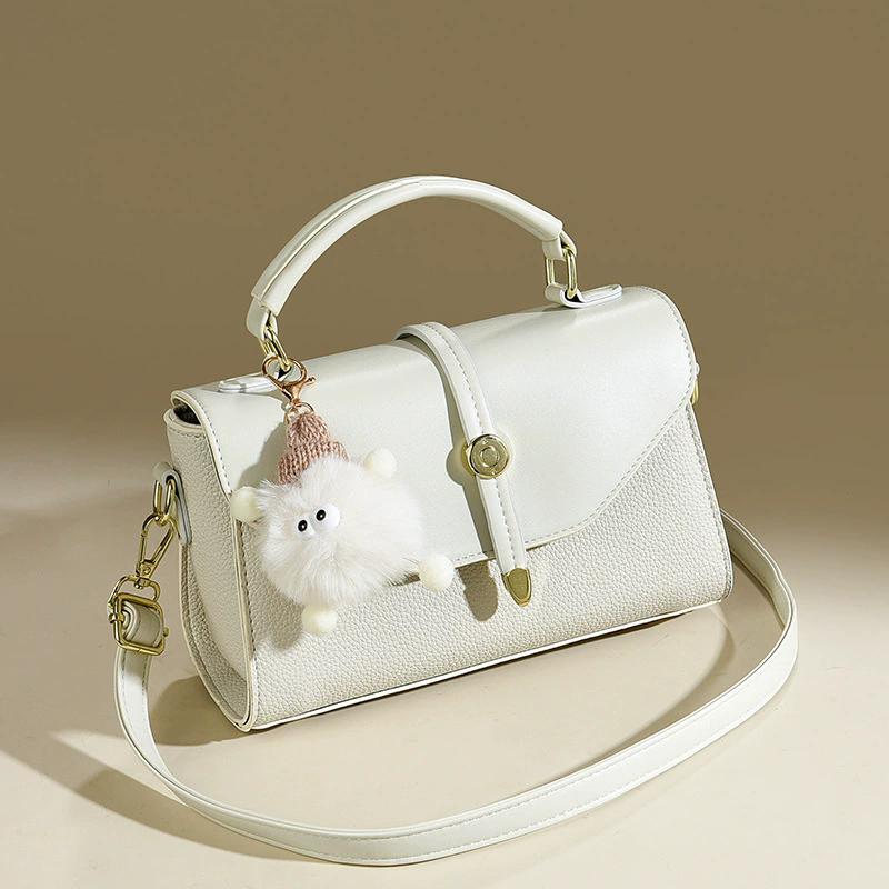

Women s Pink PU Leather Top-Handle Crossbody Bag, Luxury Soft Leather Designer Shoulder Bag with Plush Charm білий