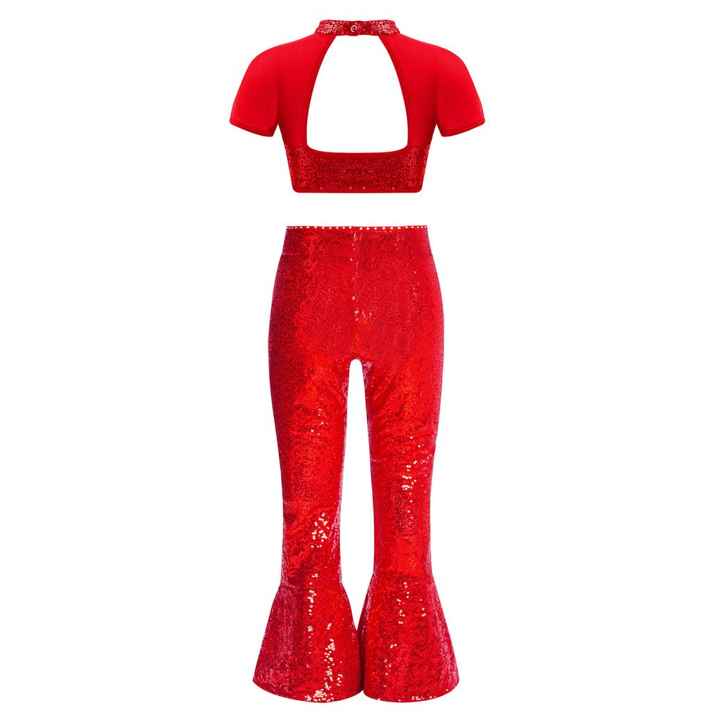Girls Performance Costume Short Sleeve Mesh Patchwork Cutout Back Sequins Crop Top Sequin Zipper Bell Bottomed Pants