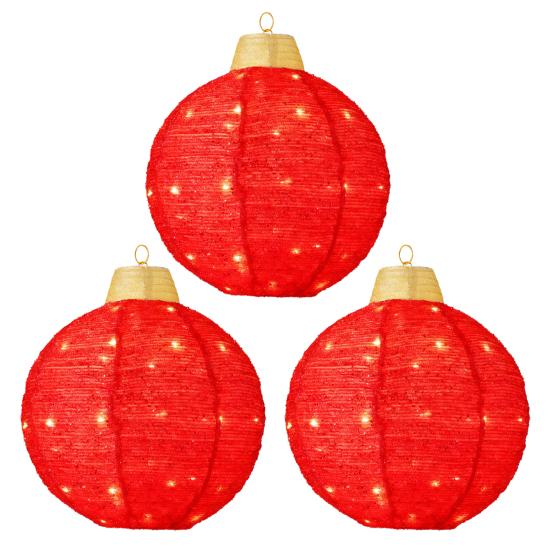 3Pcs Outdoor Hanging Christmas Light LED Illuminated Ornament Balls with 8 Lighting Modes And Timer Festive Sequin Ball for Porch Garden Decor
