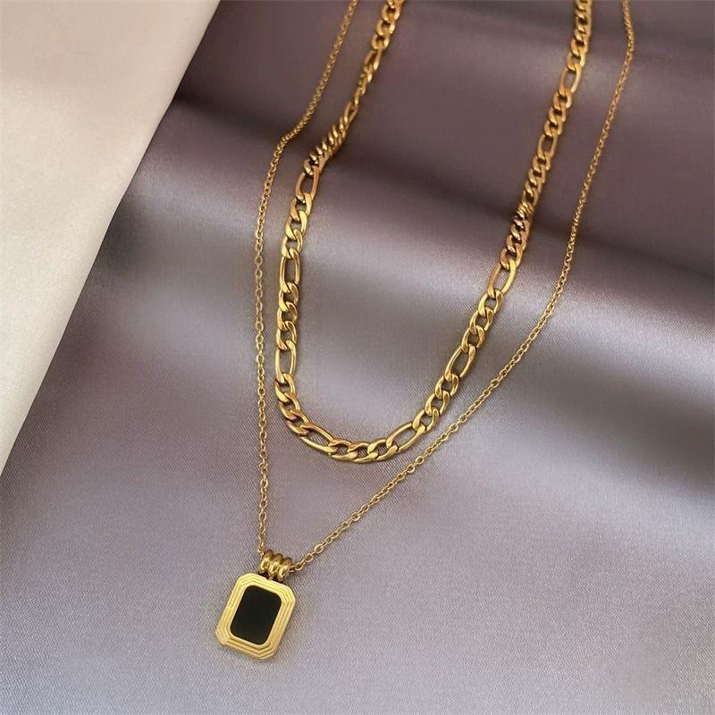 Roman Black Double Layer Titanium Necklace Set for Autumn/Winter Fashion - European American Style Accessory for Sweater Knitwear Matching.