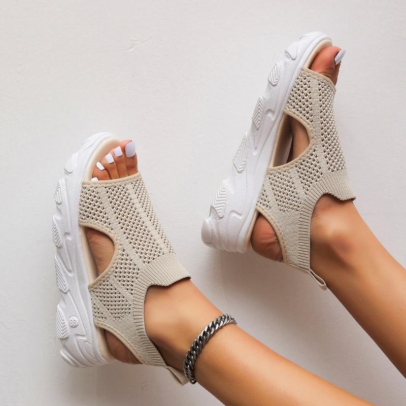 Summer new thick-soled fish mouth sandals women's woven mesh flat-soled beach shoes fashion casual student sports sandals