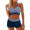 New multi-color striped printed bikini large size suspender flat angle high waist split swimsuit women