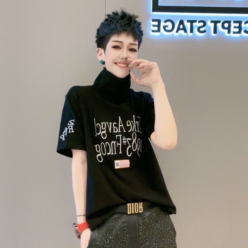 

European Goods Turtleneck Autumn Fashion Print Half Sleeve Bottoming Shirt Pure Cotton T-shirt Women Loose Slimming Versatile Casual Top Black [thread pure cotton]] L