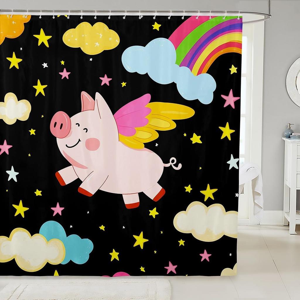 Cartoon Pig Shower Curtain Leopard Bow Bath Curtain for Boys Girls Teens Lovely Animal Cheetah Bathroom Shower Curtain Set