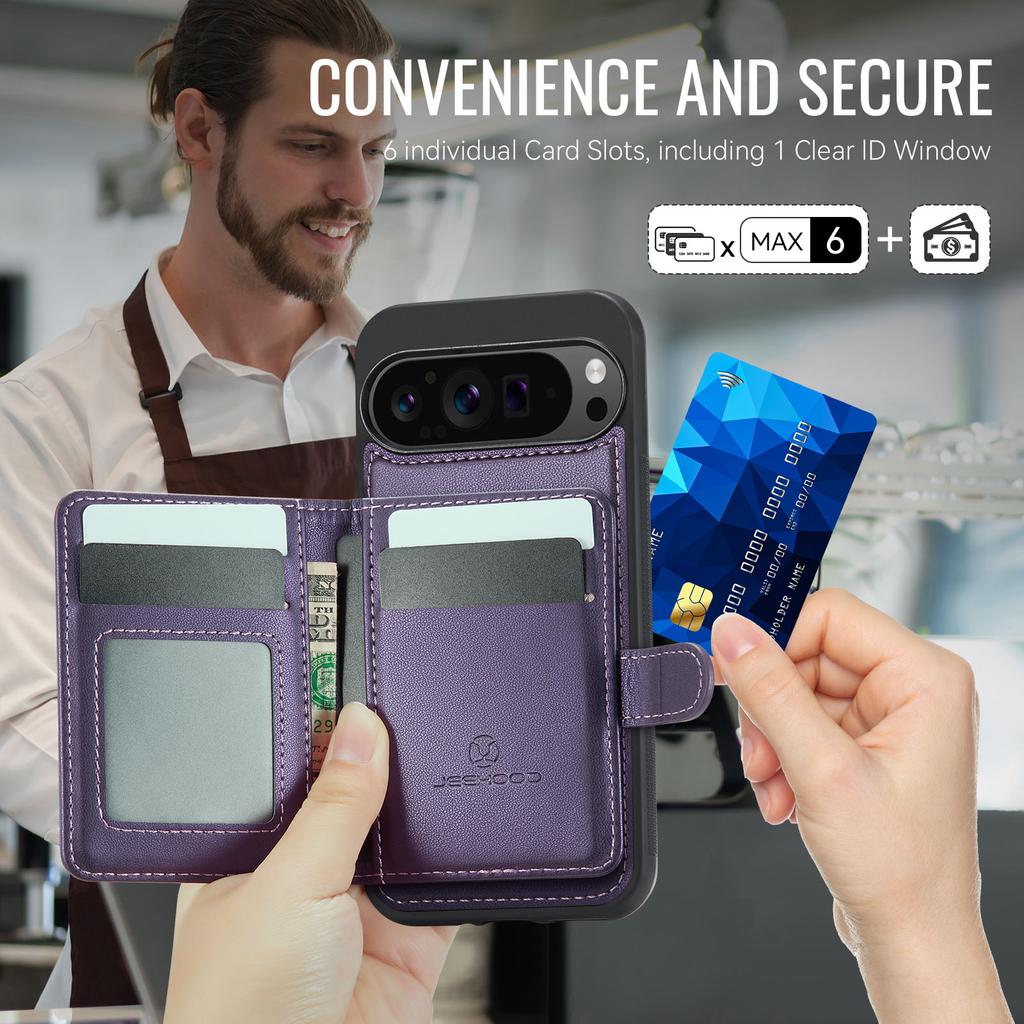 For Google Pixel 9 Pro XL Case JEEHOOD J09 RFID Blocking Card Holder Leather Back Phone Cover Magnetic Case