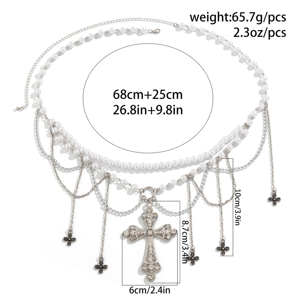 Gothic Imitation Pearl Cross Tassel Belly Waist Chain for Women Beaded Beach Bikini Body Chain Sexy Jewelry Party Accessories