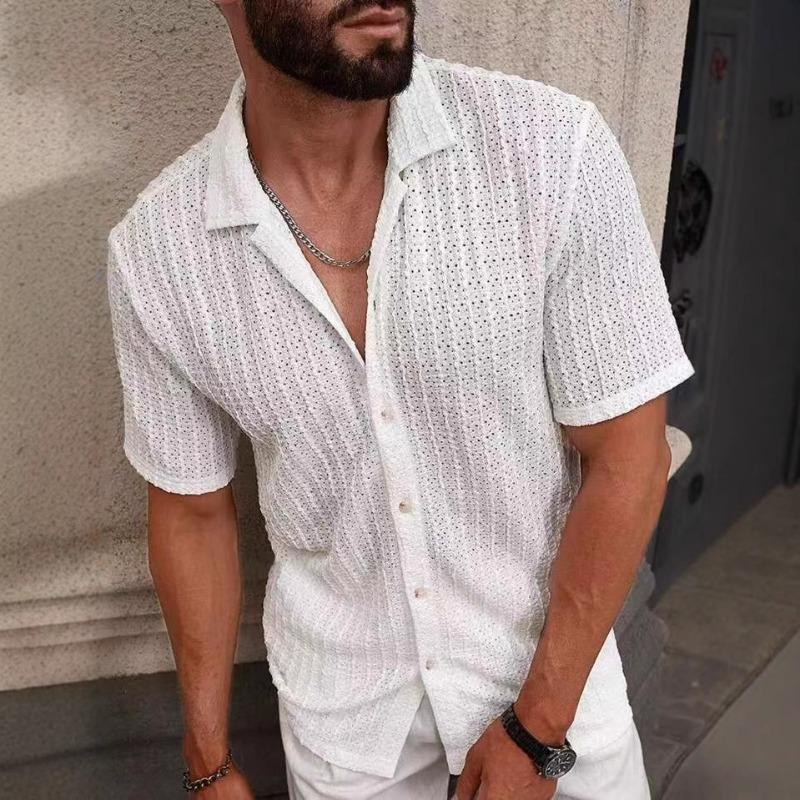 Men's Textured Short Sleeve Shirt Casual Cuban Collar Button-Up Summer Top