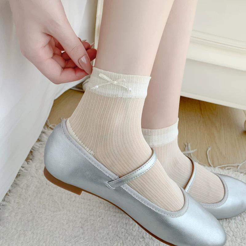 Thin Boneless Short Stockings Sweat-Absorbing Cotton Bottom Breathable Mesh Mid-Tube Socks Ice Silk Short Socks White Bow Jk Socks