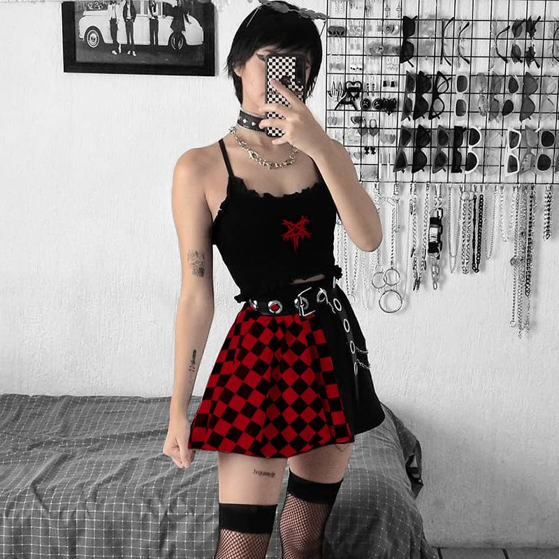 Punk Skirt Gothic Plaid A Line Mini Skirts Harajuku Streetwear Sexy Plaid Patchwork Skirt