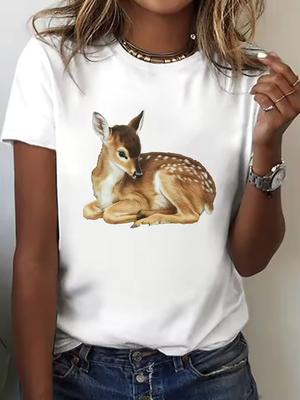 Damski casualowy T-shirt z krótkim rękawem i okrągłym dekoltem z nadrukiem ilustracji jelenia Wygodny top do codziennego noszenia wiosną i latem