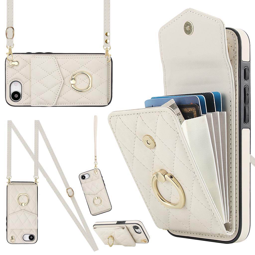 For iPhone 16e Case RFID Blocking Card Bag Leather+TPU Crossbody Phone Cover with Ring Kickstand