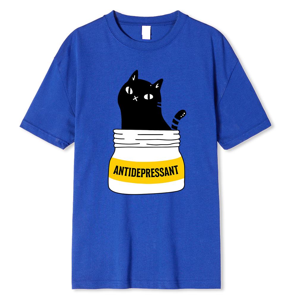 Černá kočka jí antidepresivum vtipný tisk pánské tričko módní nadměrné tričko vysoce kvalitní bavlněná trička letní krátký rukáv