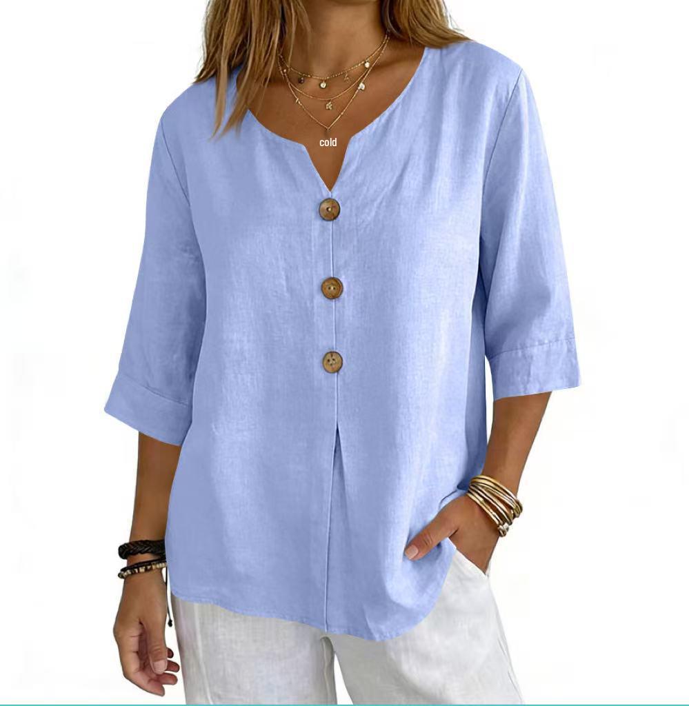2026 Cotton Linen Three-Quarter Sleeve Button-Down Casual Loose Top Solid Color Shirt