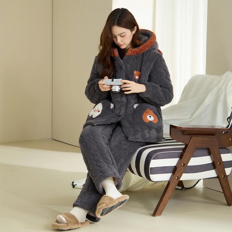 Winter three-layer padded coral fleece pajamas women's winter thickened hooded warm flannel cartoon loungewear women's