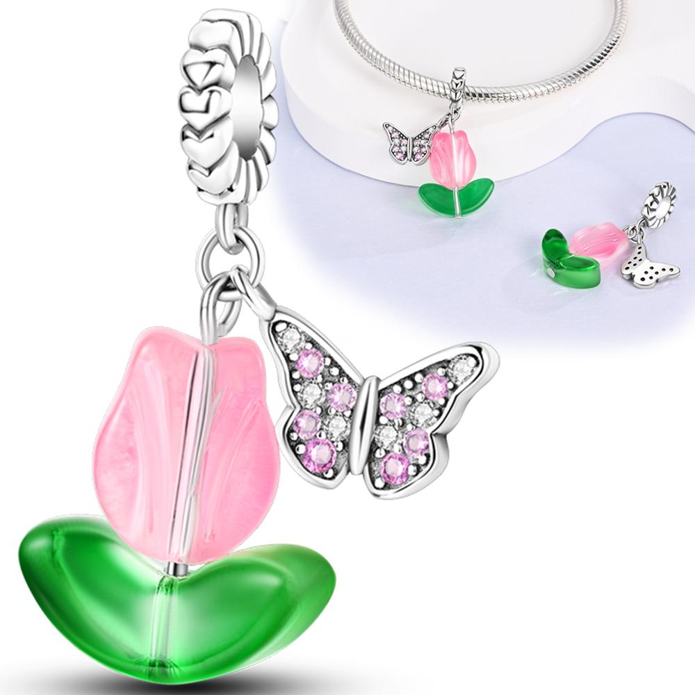 Charms Copper Pink Glass Butterfly Tulip Flower Pendants Fit Charms Plata Original Bracelet Beads Women Jewellery Making