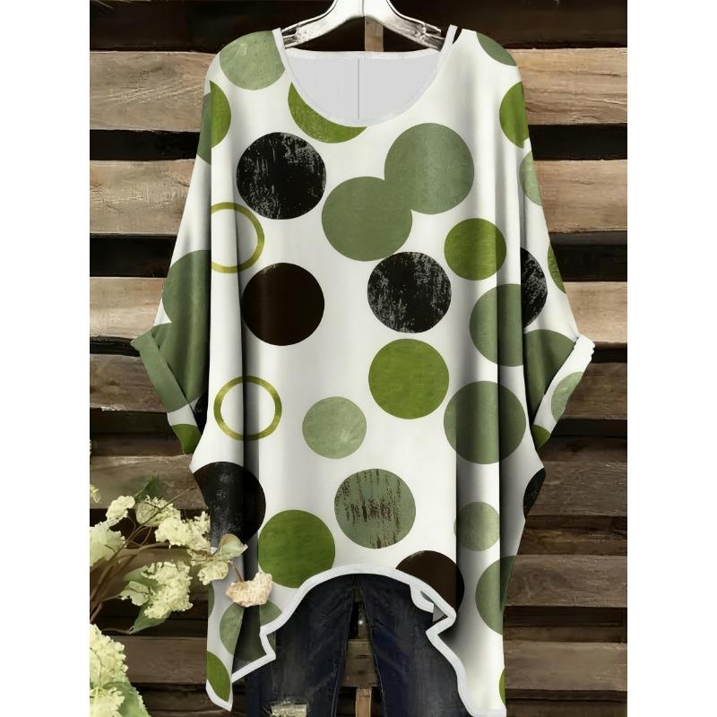 Women's Summer Fashion Comfortable Round Neck Green and Black Round Pattern Print Stylish Round Neck T-Shirt - Machine Washable
