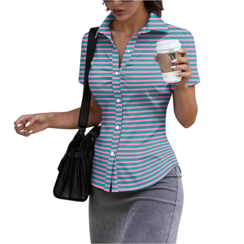 Women Short Sleeve Collared Shirt Slim Fit Button Down Casual Office Workwear Blouse Stretch Fabric Summer Top