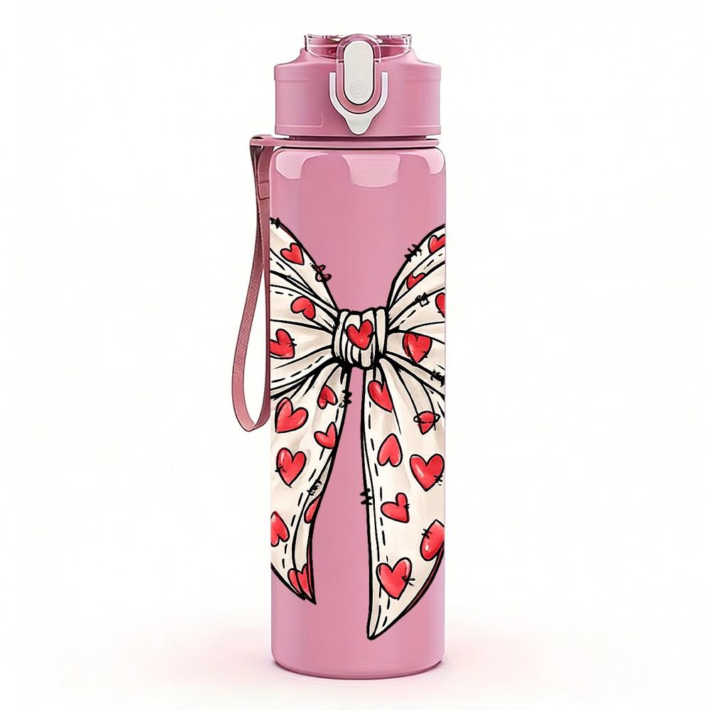 1PC Red Polka Dot Bow Ribbon Print 750ml Color Plastic Sports Water Bottle Leakproof Flip Straw Lid Suitable for Sports Office Home Use