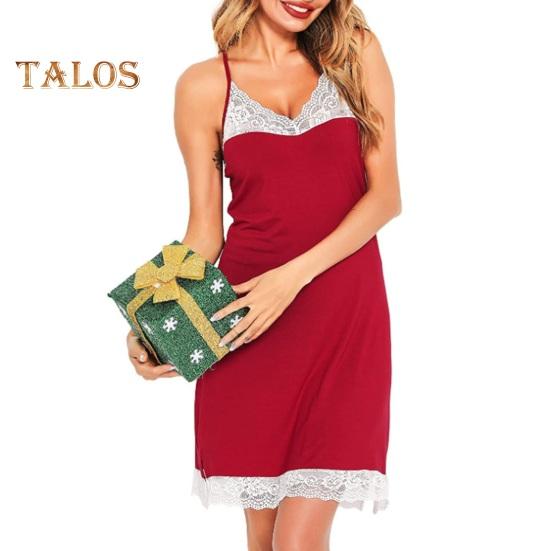 Damen Nachthemd mit Spitze, Spaghettiträger, V-Ausschnitt, Chemise, Nachtwäsche, Ganzunterkleid, Babydoll, Schlafkleid, Sommer, weiche Nachtwäsche