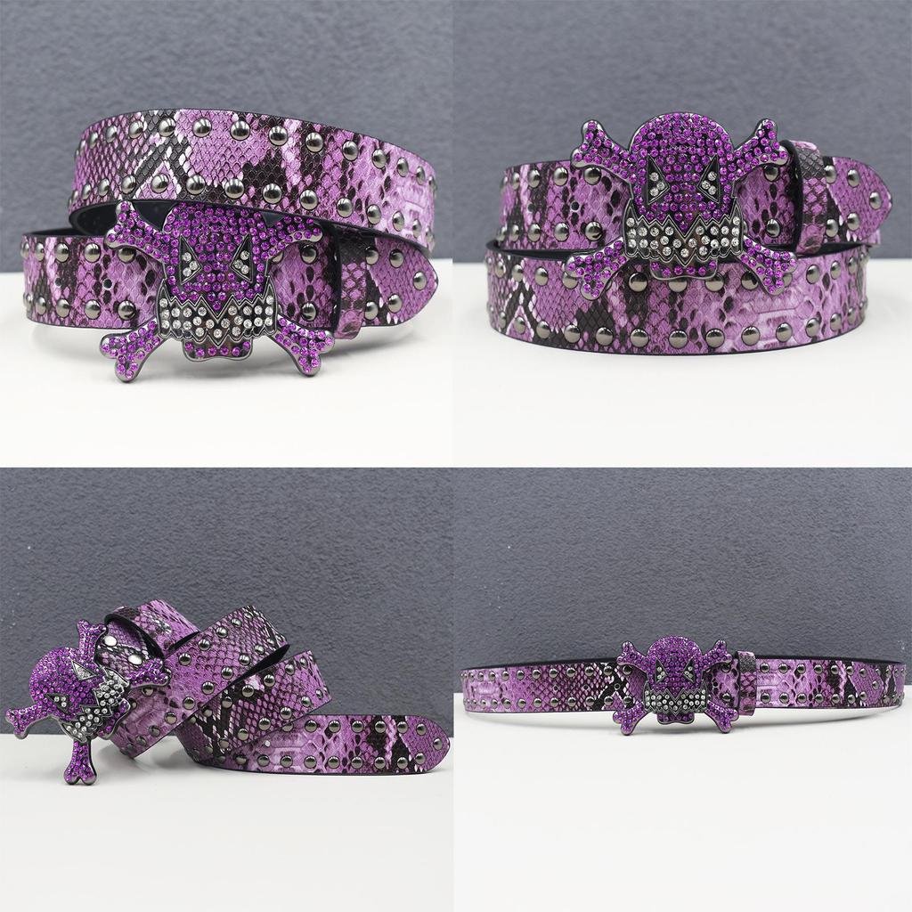 Unisex Y2K Rhinestone Skull Punk Belt with Rivet and Python Skin Design