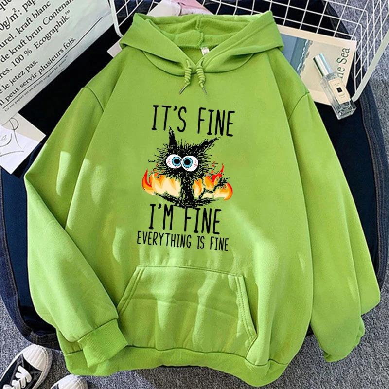 Autumn Winter Hoodie I'm Fine Everything Printed Loose Oversized Looped Round Neck Pullover Hoodies & Sweatshirts Women’s
