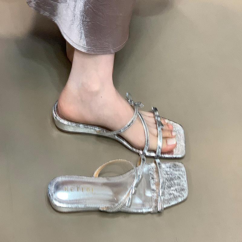 Bow square head low heel one-word drag girl wearing cool slippers in the summer of 2025 fairy style versatile pink sandals