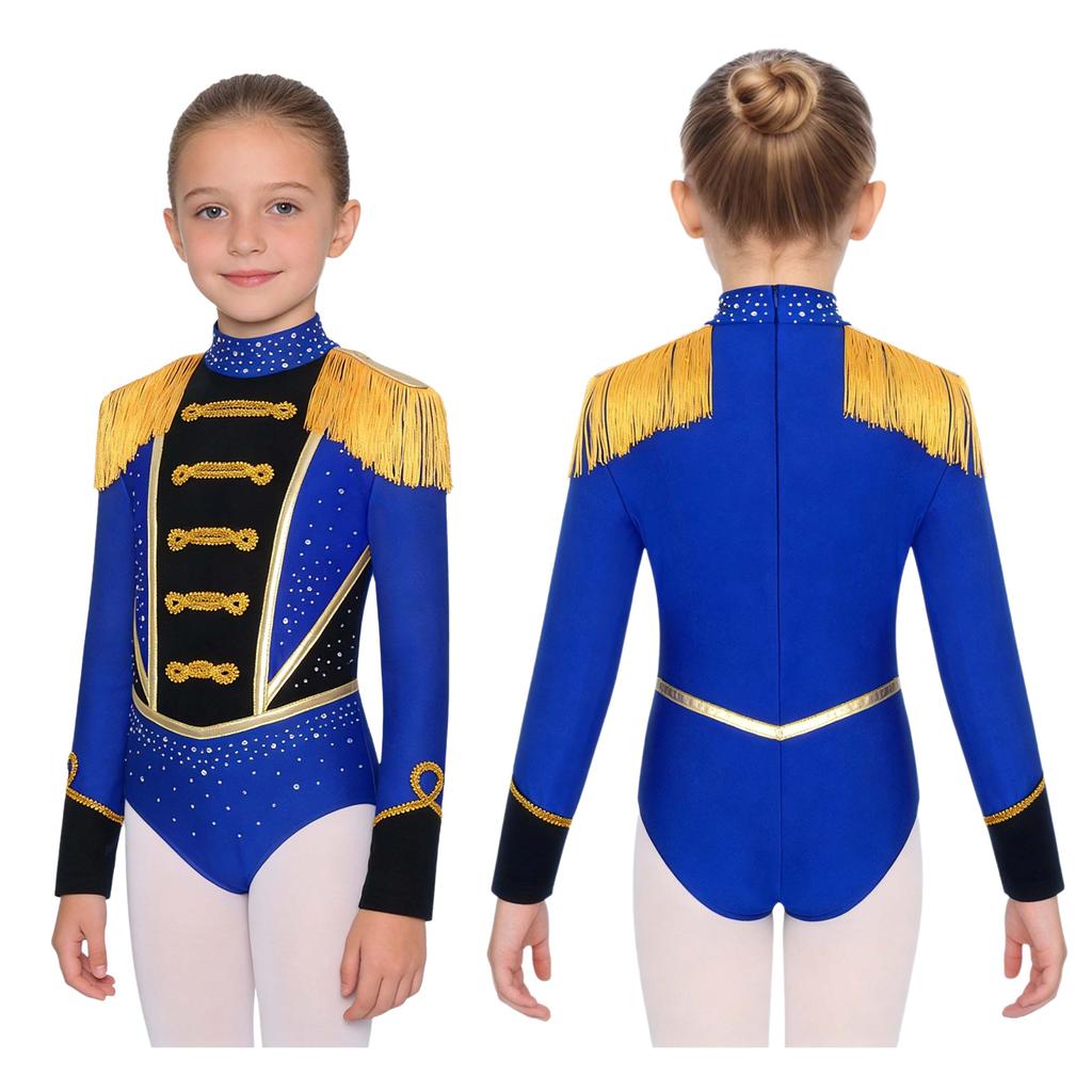 Children‘s Circus Themed Leotard Sparkly Rhinestones Long Sleeve Tassel Shoulder Pads Contrast Color Bodysuit for Stage Performance