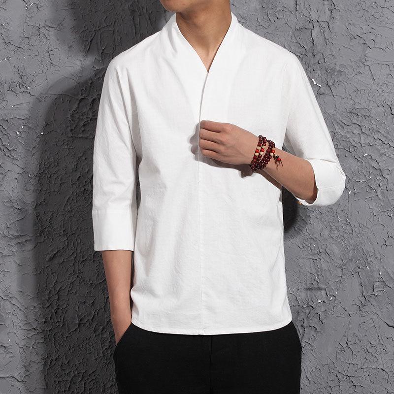 Men's Chinese Cotton-Linen V-Neck Retro Hanfu T-Shirt, Summer Three-Quarter Sleeve, Loose Plus Size