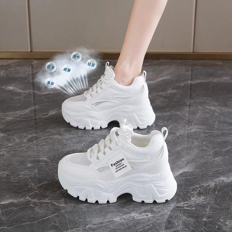 Daddy Shoes Women's 2025 Mesh Breathable Thin Inner Height Increase Small White Shoes Platform Sports Shoes High Heel Casual Versatile
