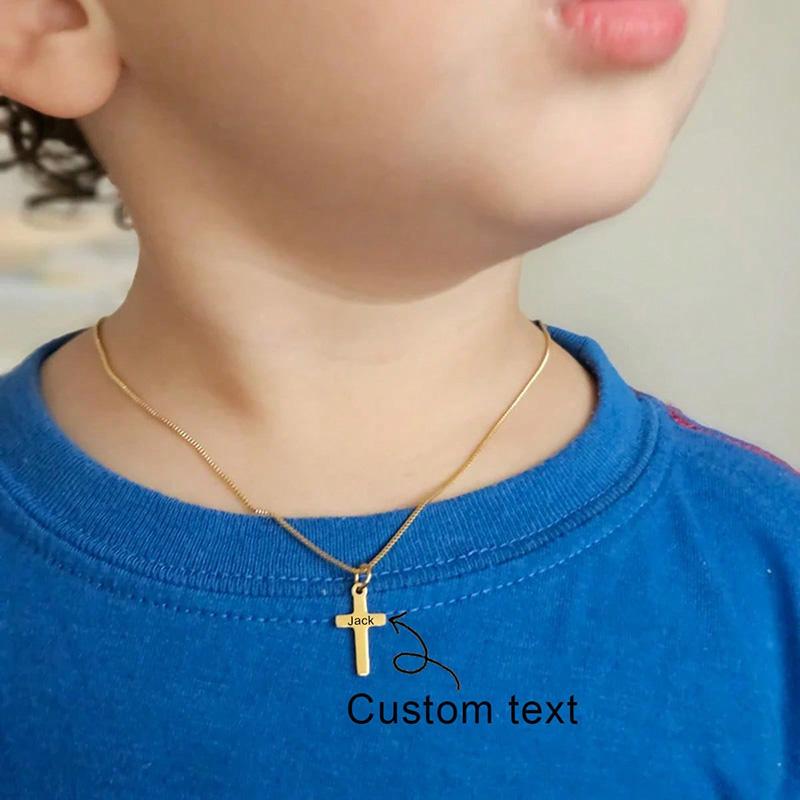 Custom Engraved Name Gold Plated Cross Necklace For Kids Girls Boys Personalized Children Jewelry Gifts