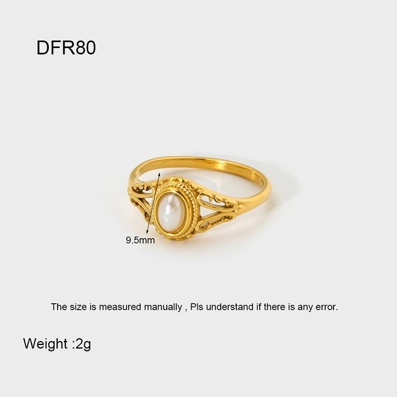 

Baroque Pearl-Inlaid Carved Oval 18K Gold Titanium Steel Ring Size 8