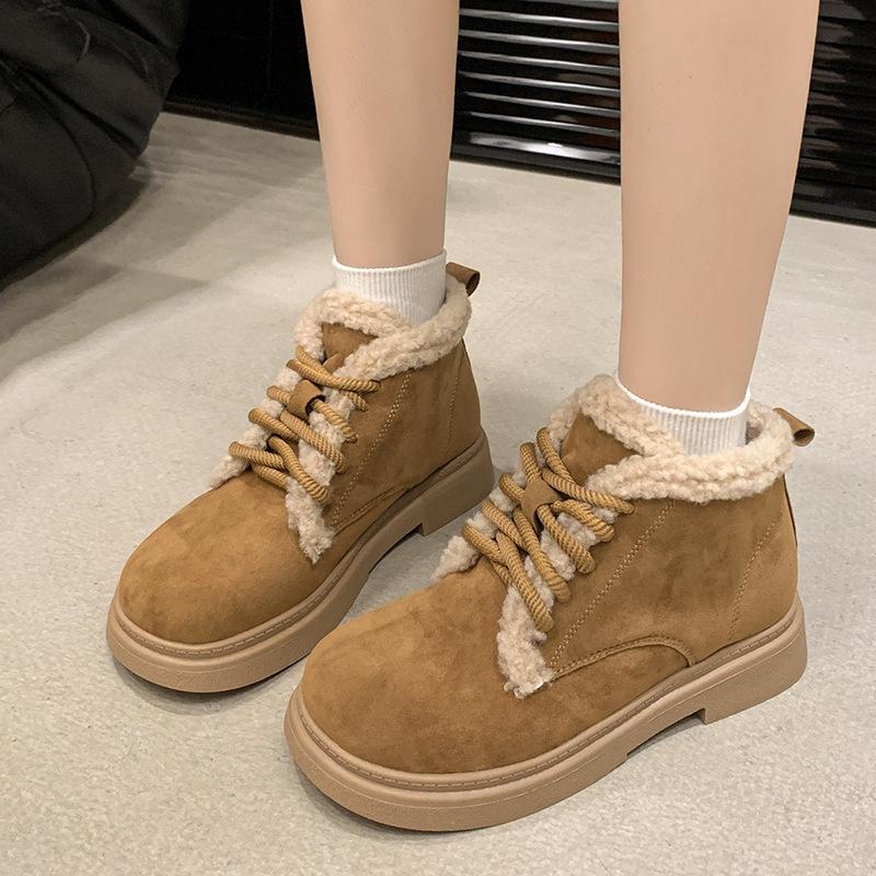 Winter new thick-soled outer wear velvet knight boots warm medium tube Martin boots lace-up fluffy snow boots women