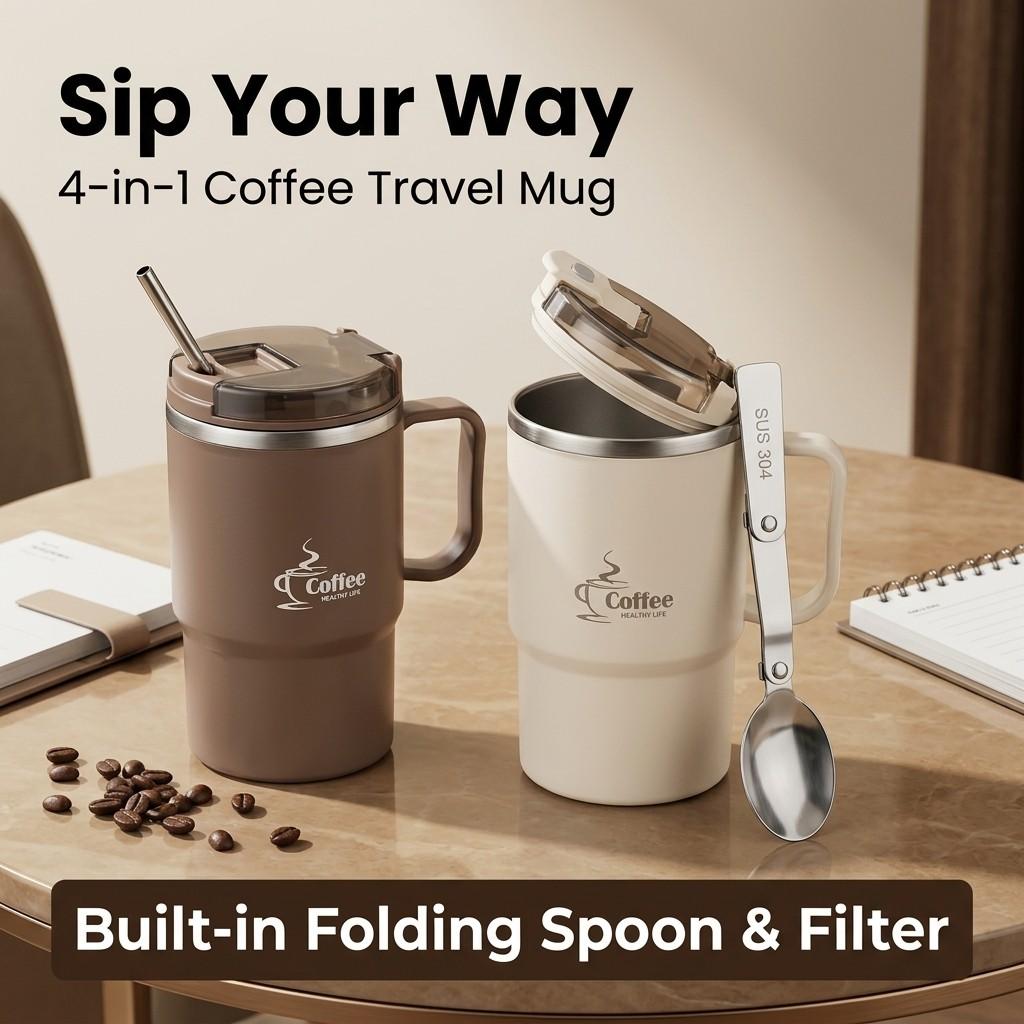 Thermal Coffee Tumbler Travel Mug With Handle 304 Stainless Steel Insulated Leakproof Water Bottle Dual Drink Cup With Spoon