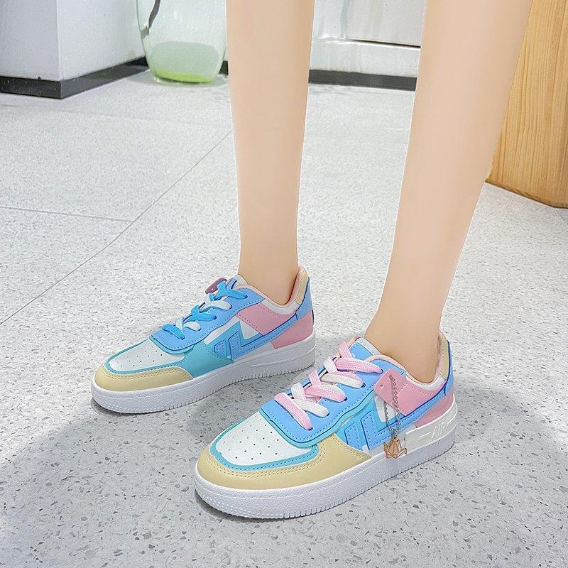 DOGHC Bílé a růžové sportovní boty pro ženy, Neformální obuv, Nízká platforma, Vulkanizované, Modrá barva