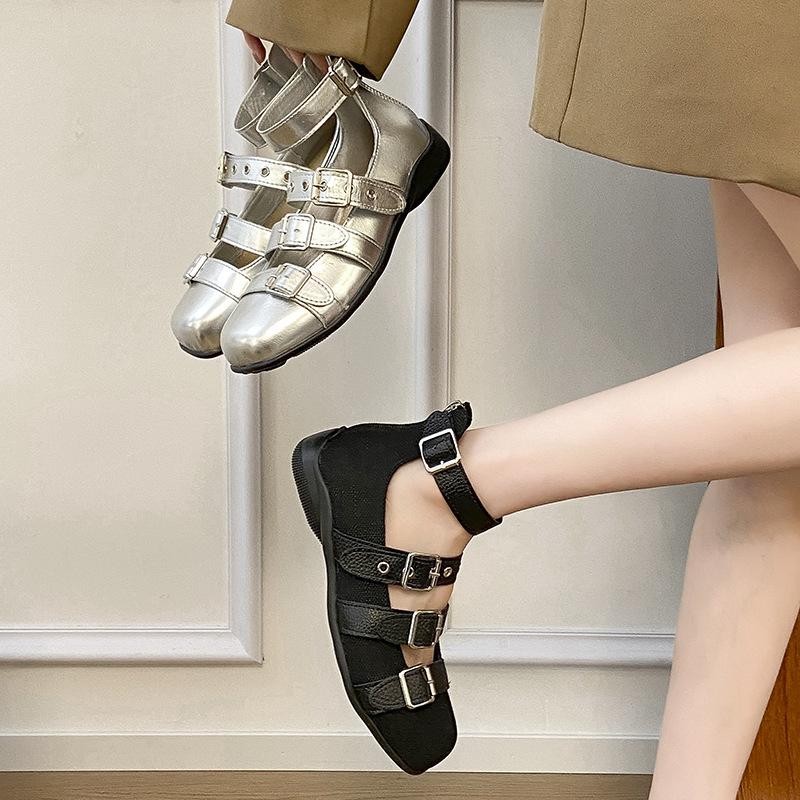 2025 summer flat shoes sports soft-soled ballet shoes retro belt buckle square head shallow mouth fashion low-heeled single shoes